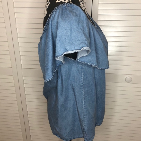 7FAM Off the Shoulder Ruffle Denim Top Medium - Picture 2 of 6